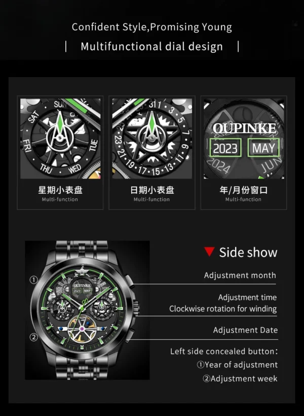 OUPINKE 3235 Black Skeleton Flywheel Automatic Mechanical Watches for Men Multi-function Stainless Steel Luxury Brand Wristwatch - Image 6