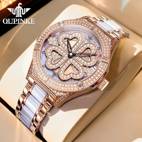 OUPINKE 3279 Full Diamond Swiss Import Quartz Watch for Women Luxury Original Elegant Ceramics Strap Lucky Women's Wriswatch New - Image 2