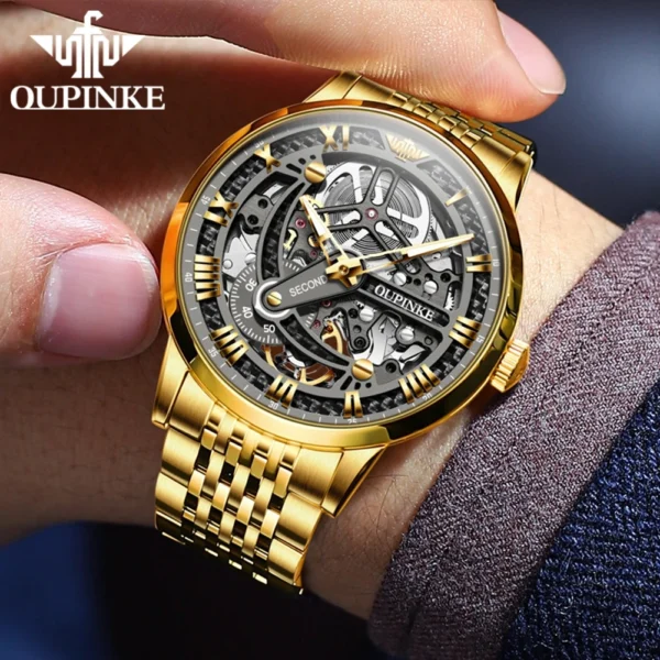 OUPINKE Luxury Automatic Mechanical Watch for Men Gold Stainless Steel Sapphire Mirror Skeleton Hollow Design Men's Wristwatches - Image 6