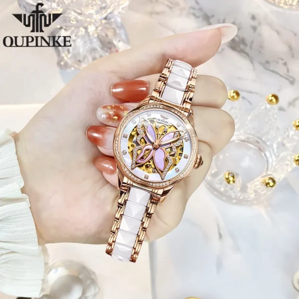 OUPINKE 3239 Original Women's Watches Hollow Out Butterfly Diamond Bezel Automatic Watch for Women Elegant Mechanical Wristwatch - Image 4