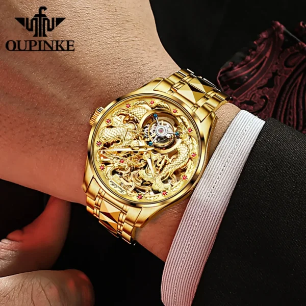 OUPINKE Men's Watch Original Automatic Mechanical Tourbillon Watch High Quality Luxury All Gold Sapphire Crystal Dragon Watch - Image 3