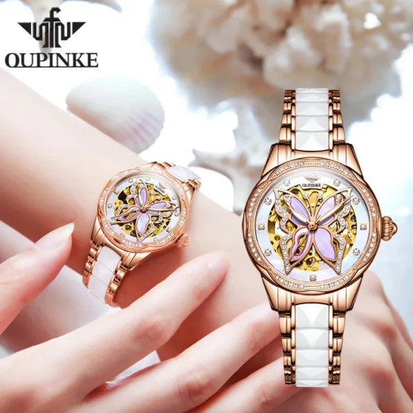 OUPINKE 3239 Original Women's Watches Hollow Out Butterfly Diamond Bezel Automatic Watch for Women Elegant Mechanical Wristwatch - Image 5