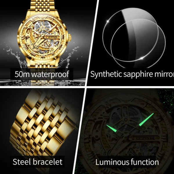 OUPINKE Luxury Automatic Mechanical Watch for Men Gold Stainless Steel Sapphire Mirror Skeleton Hollow Design Men's Wristwatches - Image 4